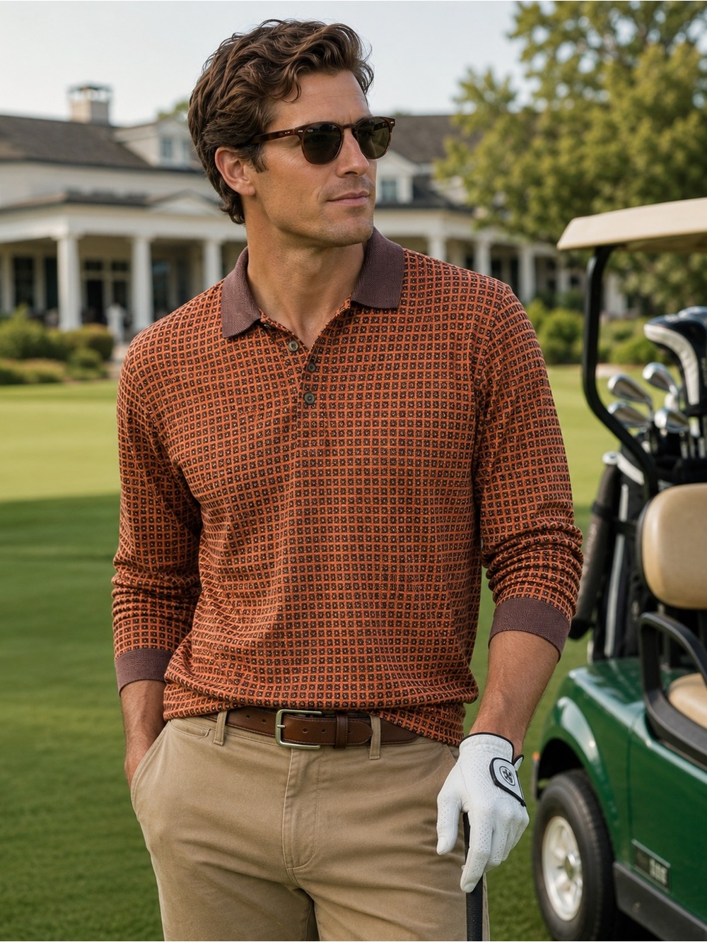 Bolle Golf Vintage Mercerized Cotton Long Sleeve Polo Shirt XL Orange Brown